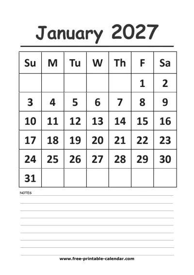 january 2027 vertical calendar