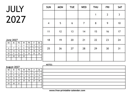 july 2027 3 month calendar
