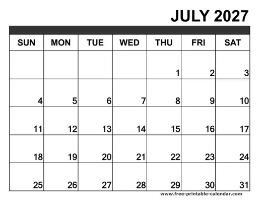 july 2027 blank calendar