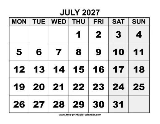 monday start july 2027 calendar