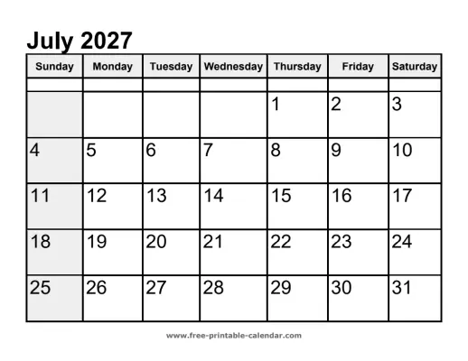 sunday highlighted july 2027 calendar