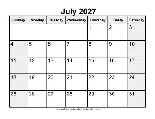 weekend highlighted july 2027 calendar