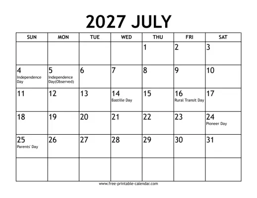 july 2027 calendar with holidays
