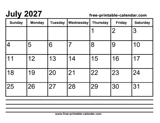 july 2027 calendar with notes
