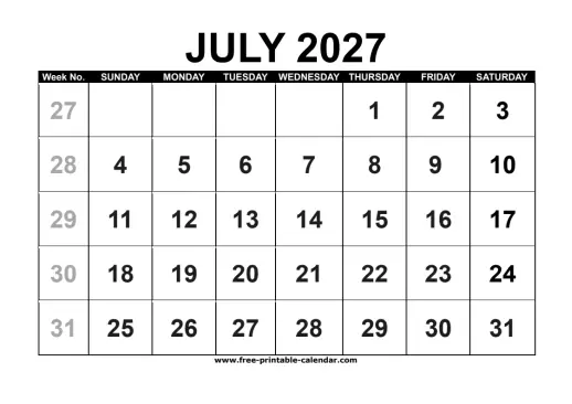 july 2027 calendar with week numbers