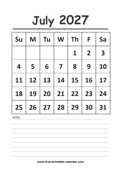 july 2027 vertical calendar