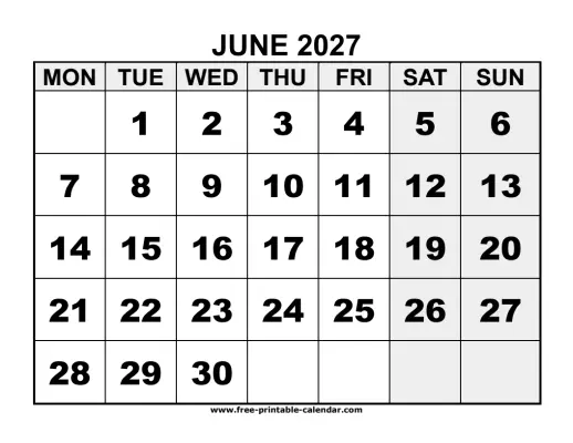 monday start june 2027 calendar