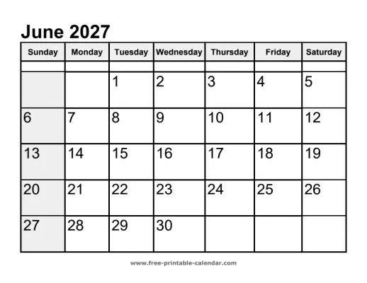sunday highlighted june 2027 calendar