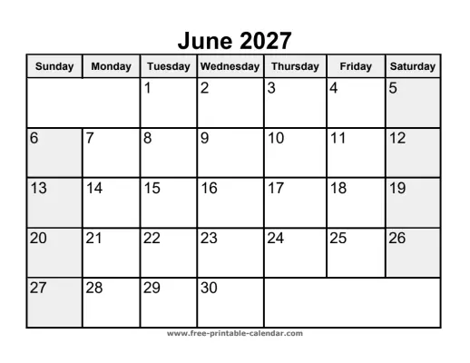 weekend highlighted june 2027 calendar