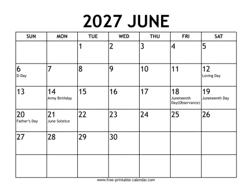june 2027 calendar with holidays