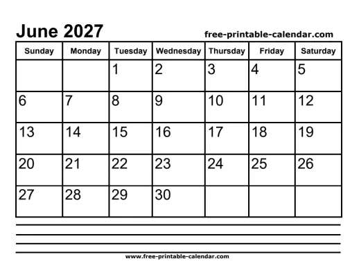 june 2027 calendar with notes