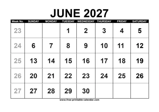june 2027 calendar with week numbers