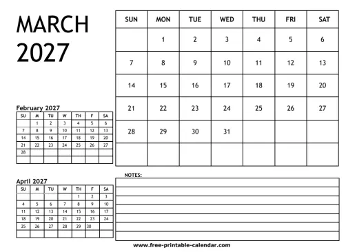 march 2027 3 month calendar