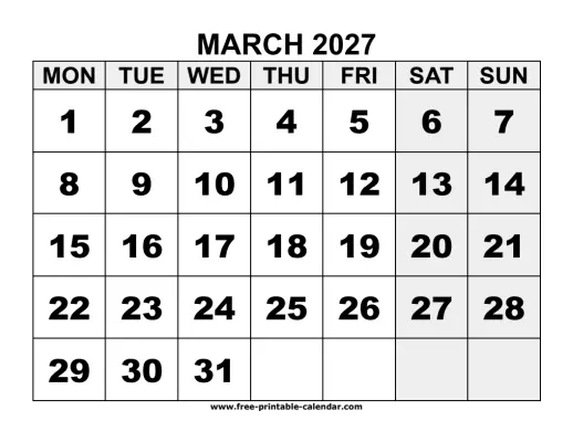monday start march 2027 calendar