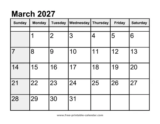 sunday highlighted march 2027 calendar