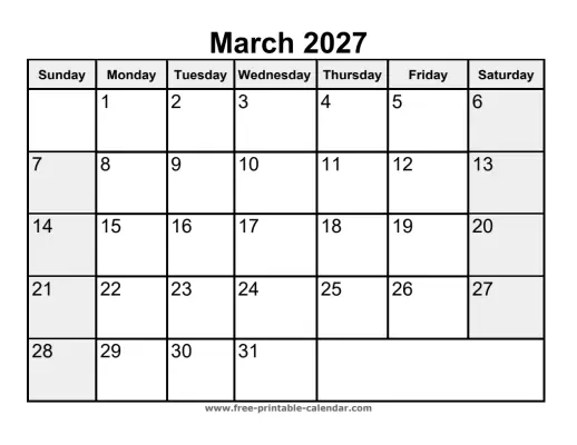 weekend highlighted march 2027 calendar