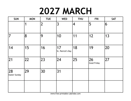 march 2027 calendar with holidays