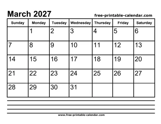 march 2027 calendar with notes