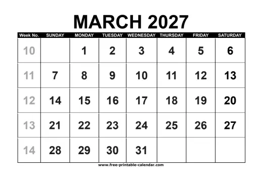march 2027 calendar with week numbers