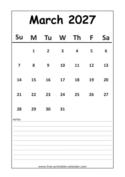 minimalist march 2027 calendar