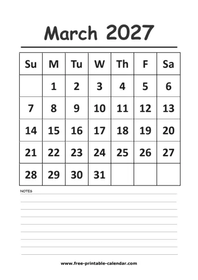 march 2027 vertical calendar