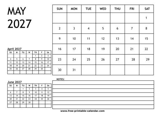may 2027 3 month calendar