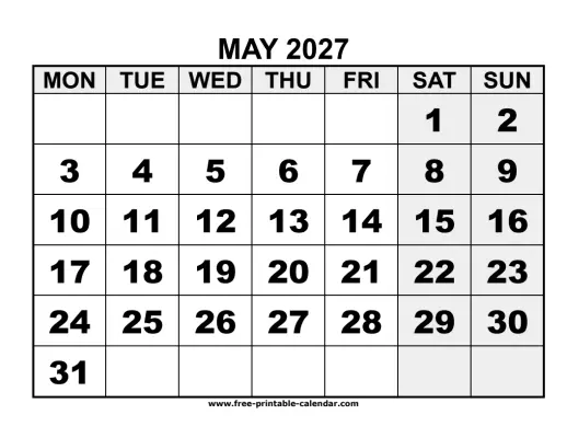 monday start may 2027 calendar