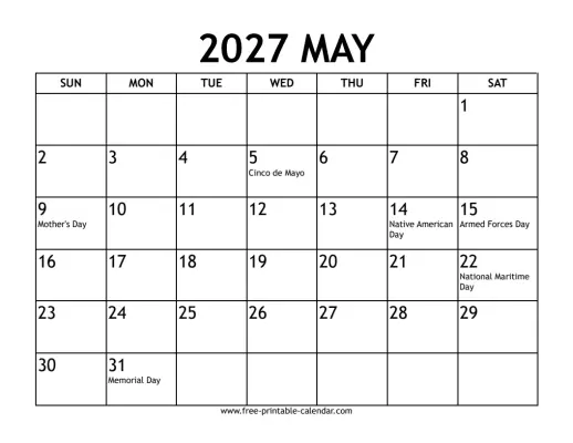 may 2027 calendar with holidays