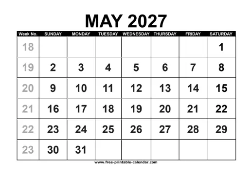 may 2027 calendar with week numbers