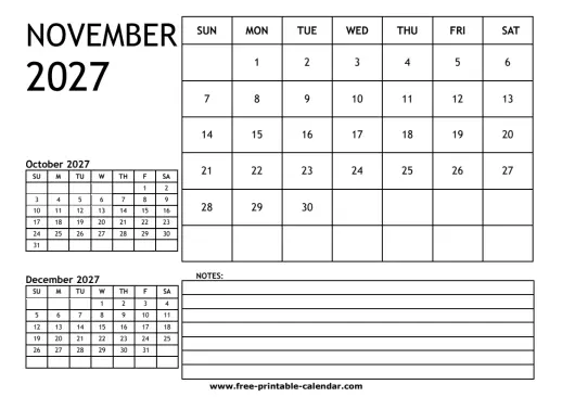 november 2027 3 month calendar