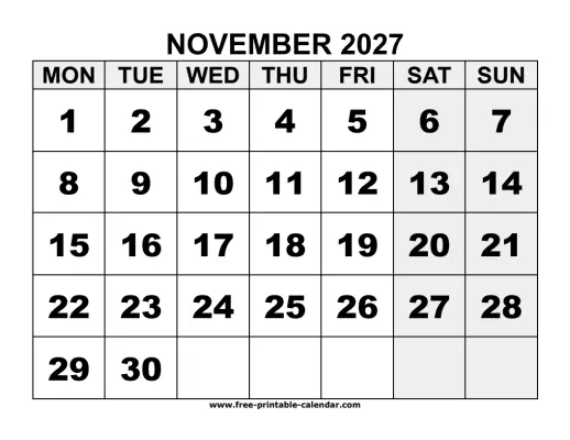 monday start november 2027 calendar