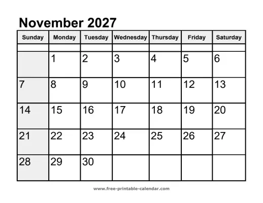 sunday highlighted november 2027 calendar
