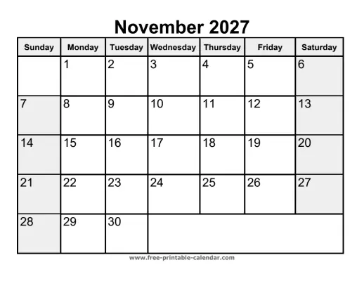 weekend highlighted november 2027 calendar