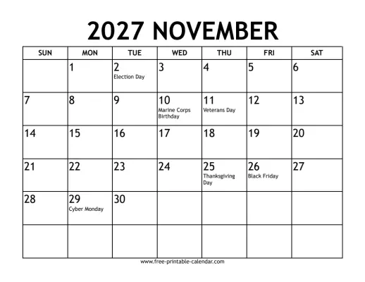 november 2027 calendar with holidays