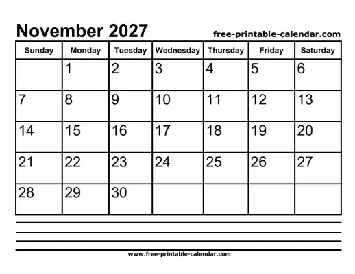 november 2027 calendar with notes