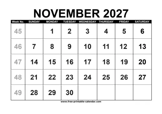 november 2027 calendar with week numbers