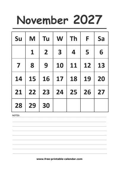 november 2027 vertical calendar