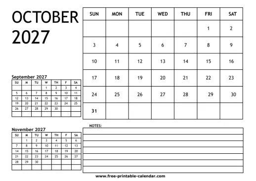 october 2027 3 month calendar