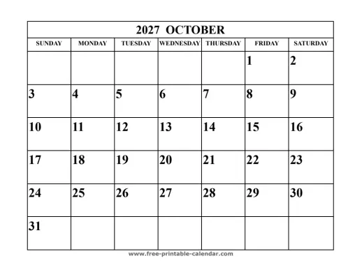 october 2027 landscape calendar