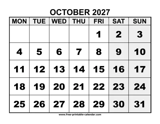 monday start october 2027 calendar
