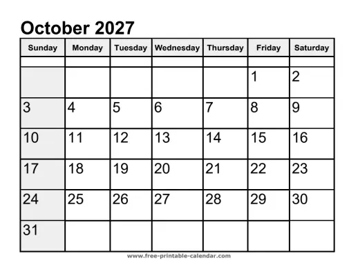 sunday highlighted october 2027 calendar