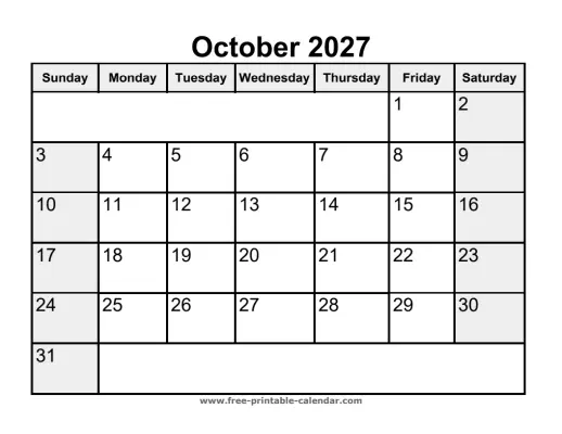 weekend highlighted october 2027 calendar