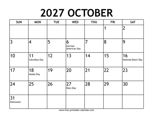 october 2027 calendar with holidays