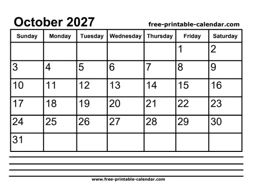 october 2027 calendar with notes