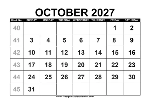 october 2027 calendar with week numbers