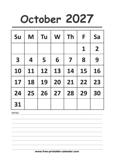 october 2027 vertical calendar
