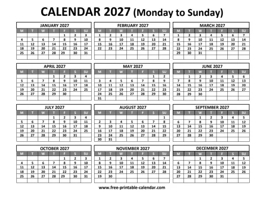 printable calendar 2027, 12 months on one page