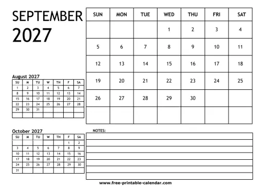 september 2027 3 month calendar