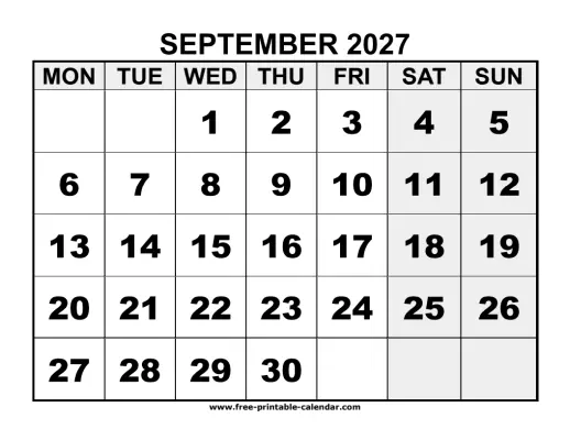 monday start september 2027 calendar