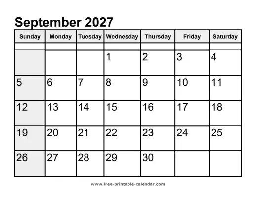 sunday highlighted september 2027 calendar